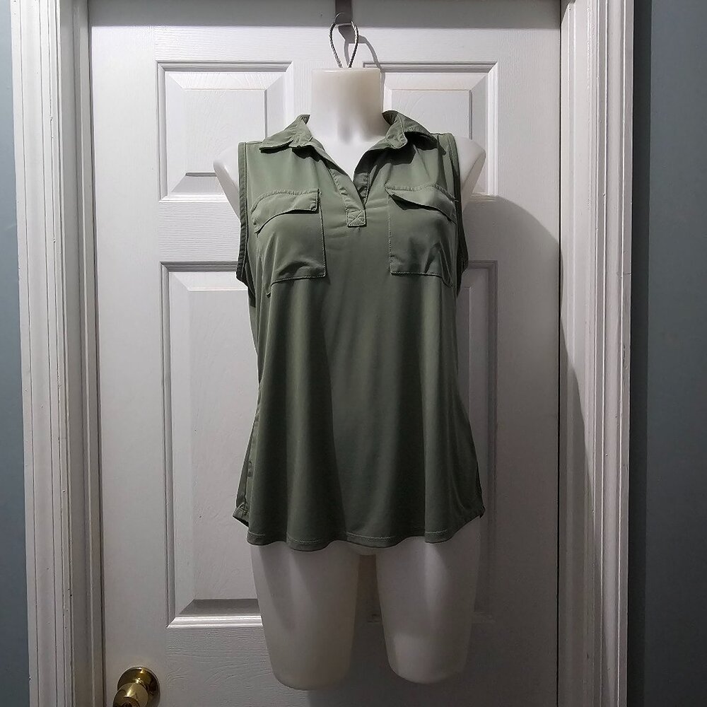 Knapp Studios Sleeveless Utility Top – Olive Green, Collared, Soft Drape Fit